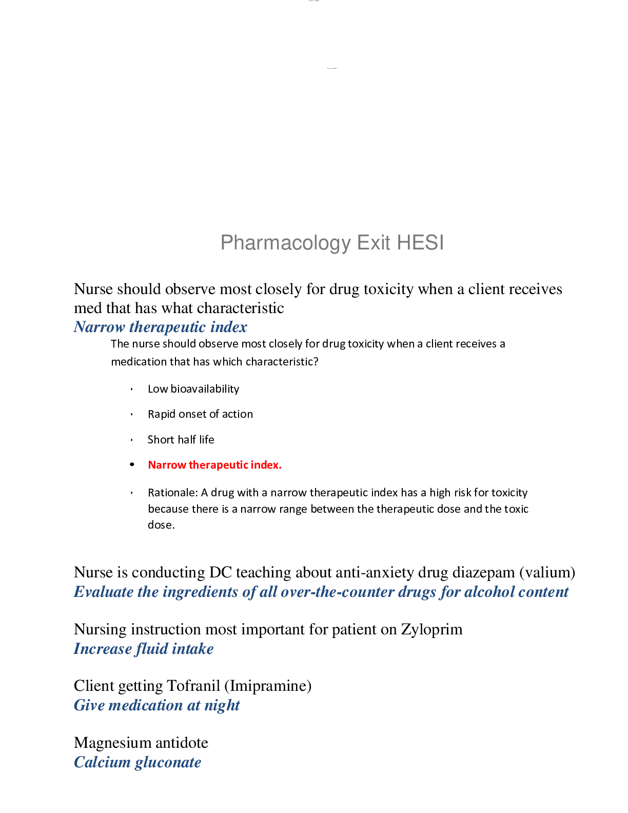Preview of Pharmacology Exit HESI document aimed to passing of exams